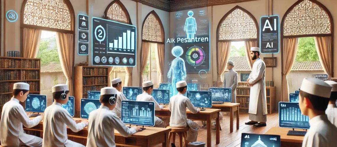 DALL·E-2025-01-30-09.14.52-A-modern-Islamic-boarding-school-pondok-pesantren-utilizing-AI-technology-in-its-programs.-The-scene-shows-students-in-traditional-Islamic-attire-us